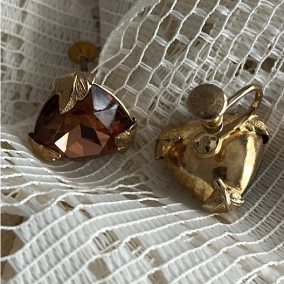 Bond Boyd Sterling Brown Topaz gold leaf screw-back earrings Vintage Canada - Picture 13 of 14